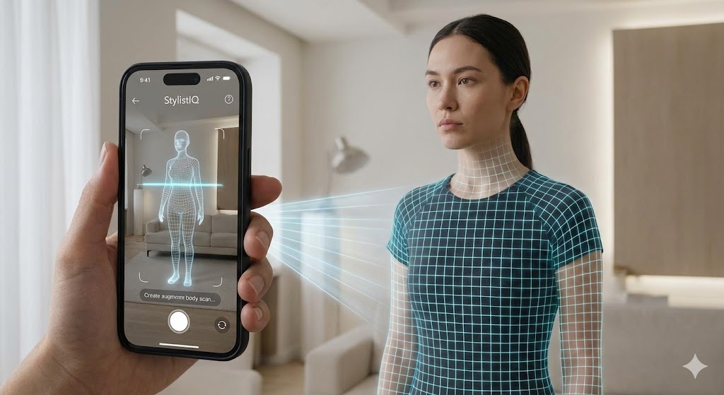 Futuristic digital fashion studio showing a man using AI clothes swap and photo dress changer tools on a holographic interface, with T-shirt design options, virtual outfit previews, and AI hairstyle changer features.