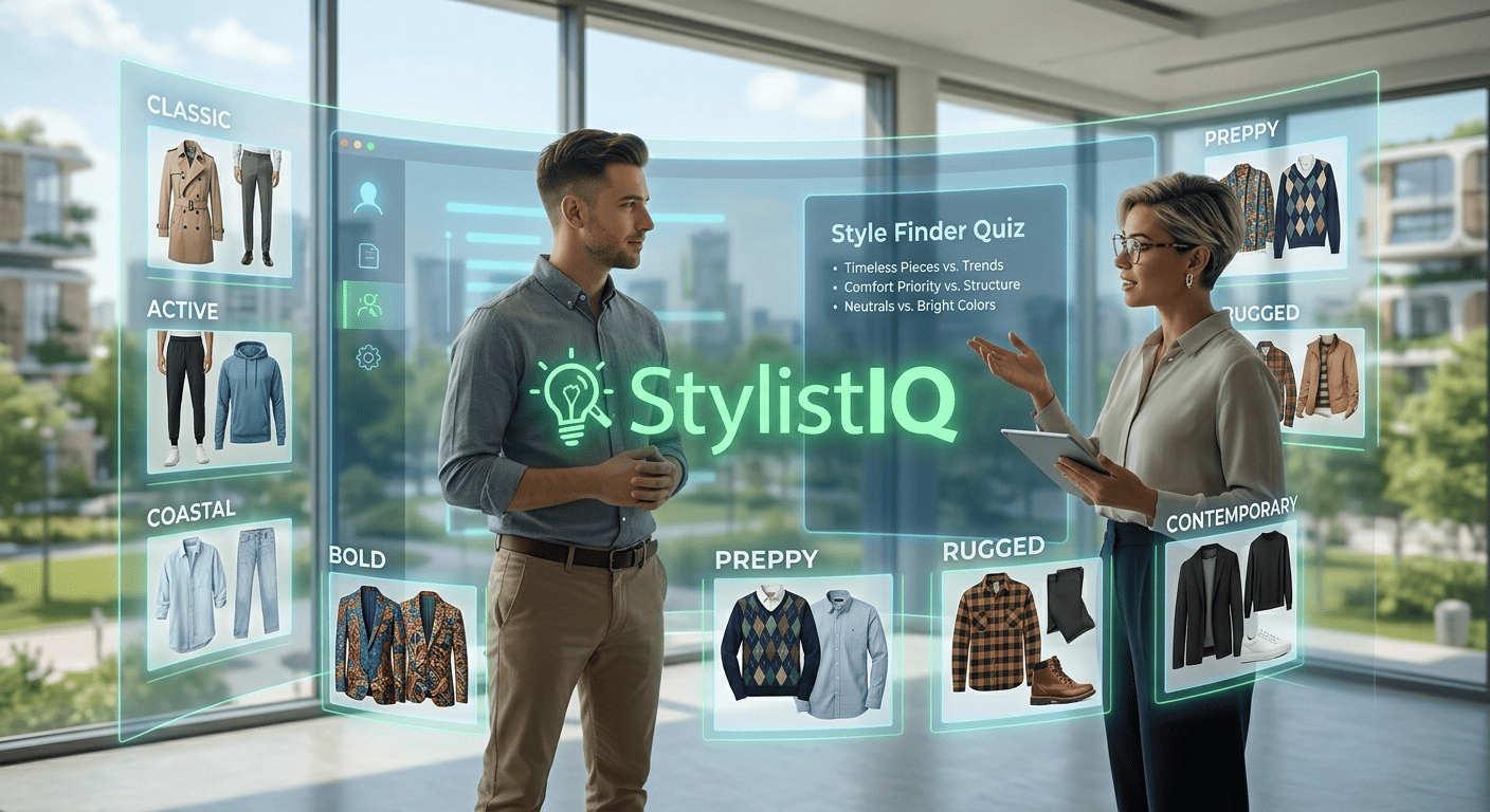 An interior, eye-level wide shot shows a man standing in a modern, sunlit room, looking at a transparent, holographic interface. The interface displays "StylistIQ" in a bright green neon font, accompanied by a lightbulb icon. Floating digital cards surround the man, each representing a different fashion style like "Classic," "Active," "Coastal," and "Preppy," with corresponding images of clothing items like a trench coat, joggers, a linen shirt, and a blazer. A woman stands to the right, holding a tablet and gesturing toward the holographic display as if guiding the man through a style quiz. The background features large windows with a view of a city park and buildings.