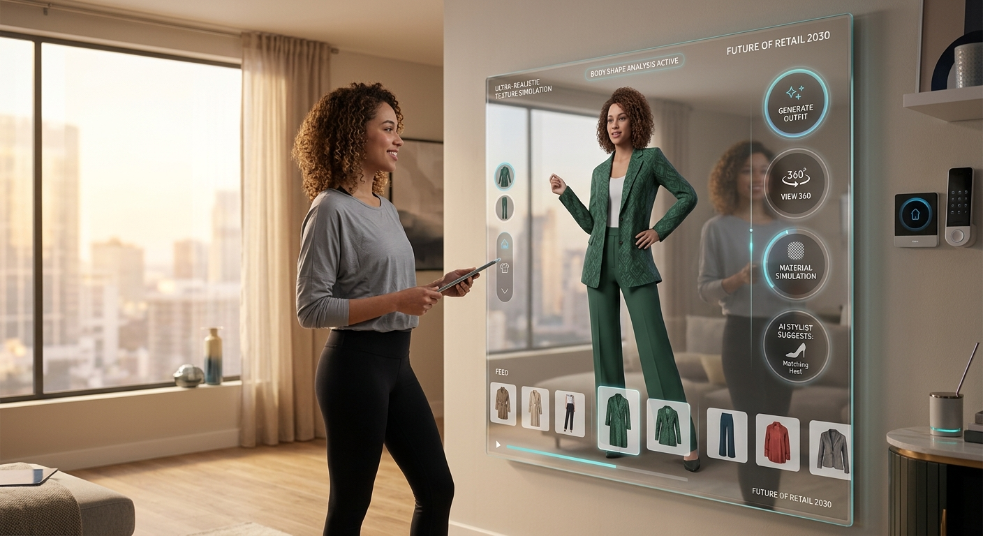 A woman with curly hair stands in a living room, smiling as she holds a tablet in front of a large, futuristic interactive glass display that acts as a digital mirror and shopping interface. On the display, her digital avatar wears a green suit, and she can control various try-on options like size, color, and 360-degree views using digital buttons. A text bubble above her head reads "REDUCED RETURN RATES."