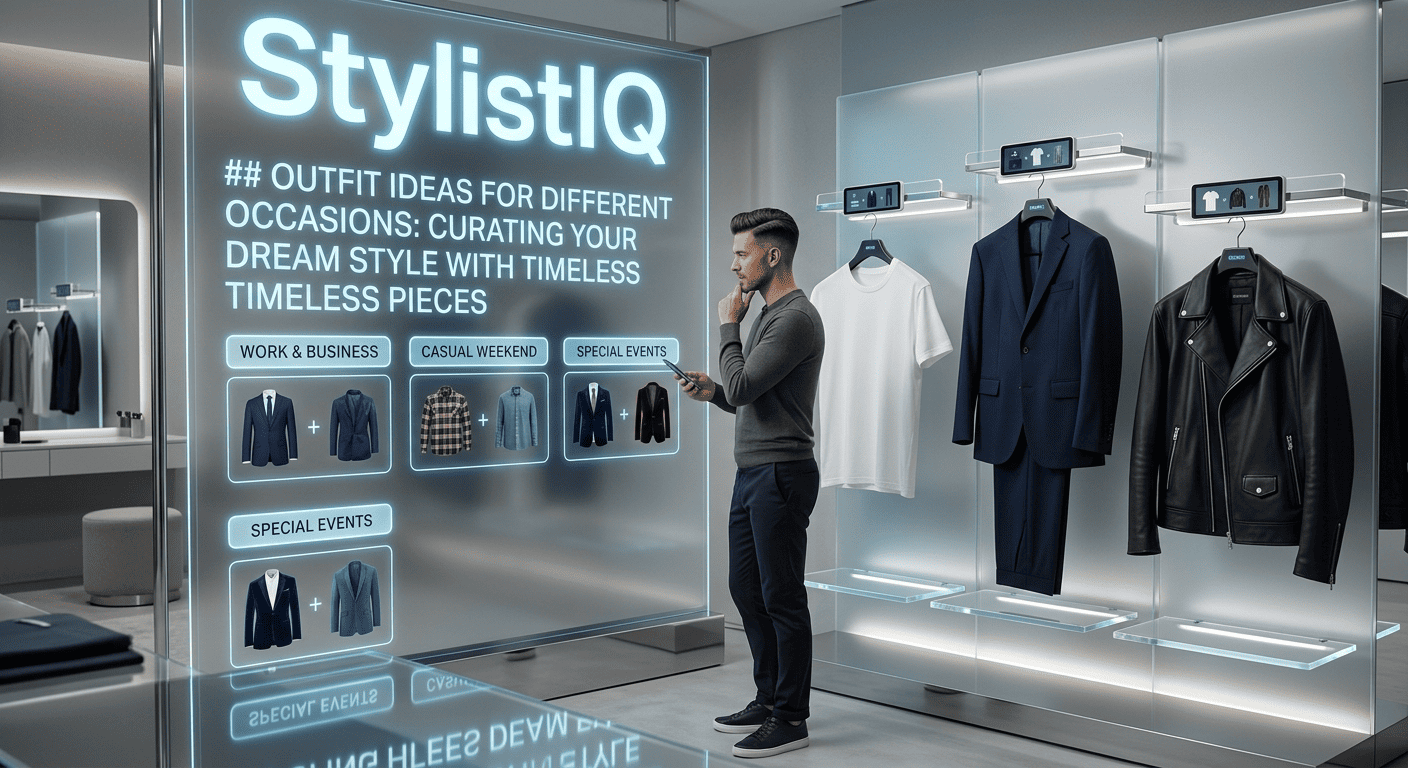 A high-tech, futuristic retail or dressing room environment featuring a man interacting with a large, translucent glass interface. The glowing digital screen displays the heading "StylistIQ" alongside categorized outfit suggestions for "Work & Business," "Casual Weekend," and "Special Events," showing icons of suits and casual wear.