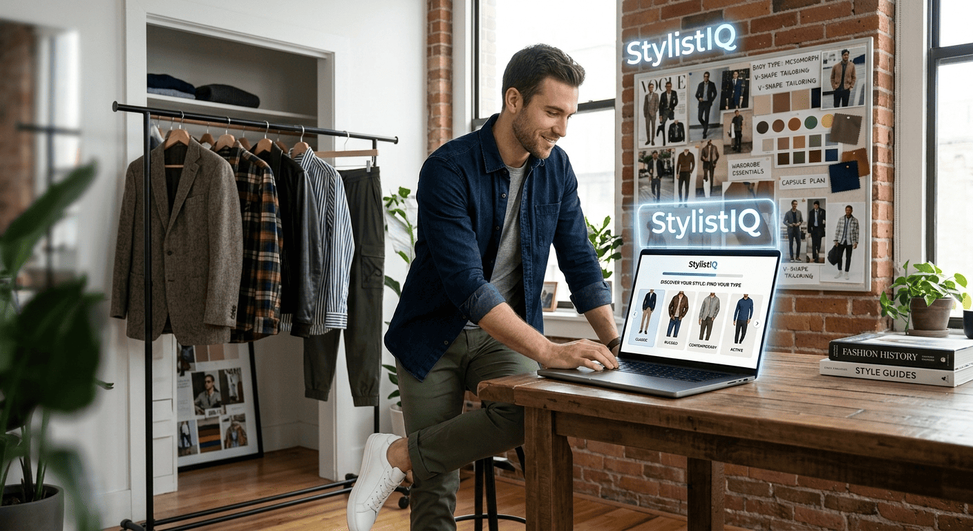 A man in a stylish, well-lit studio workspace using a laptop to explore a fashion platform. The laptop screen displays a "Discover Your Style" interface with various male fashion categories like Classic, Rugged, and Contemporary. A glowing blue holographic "StylistIQ" logo floats above the laptop. In the background, a clothing rack holds curated pieces like blazers and flannels, and a mood board on a brick wall features style inspirations, fabric swatches, and body type diagrams. The overall atmosphere is modern, creative, and tech-driven.