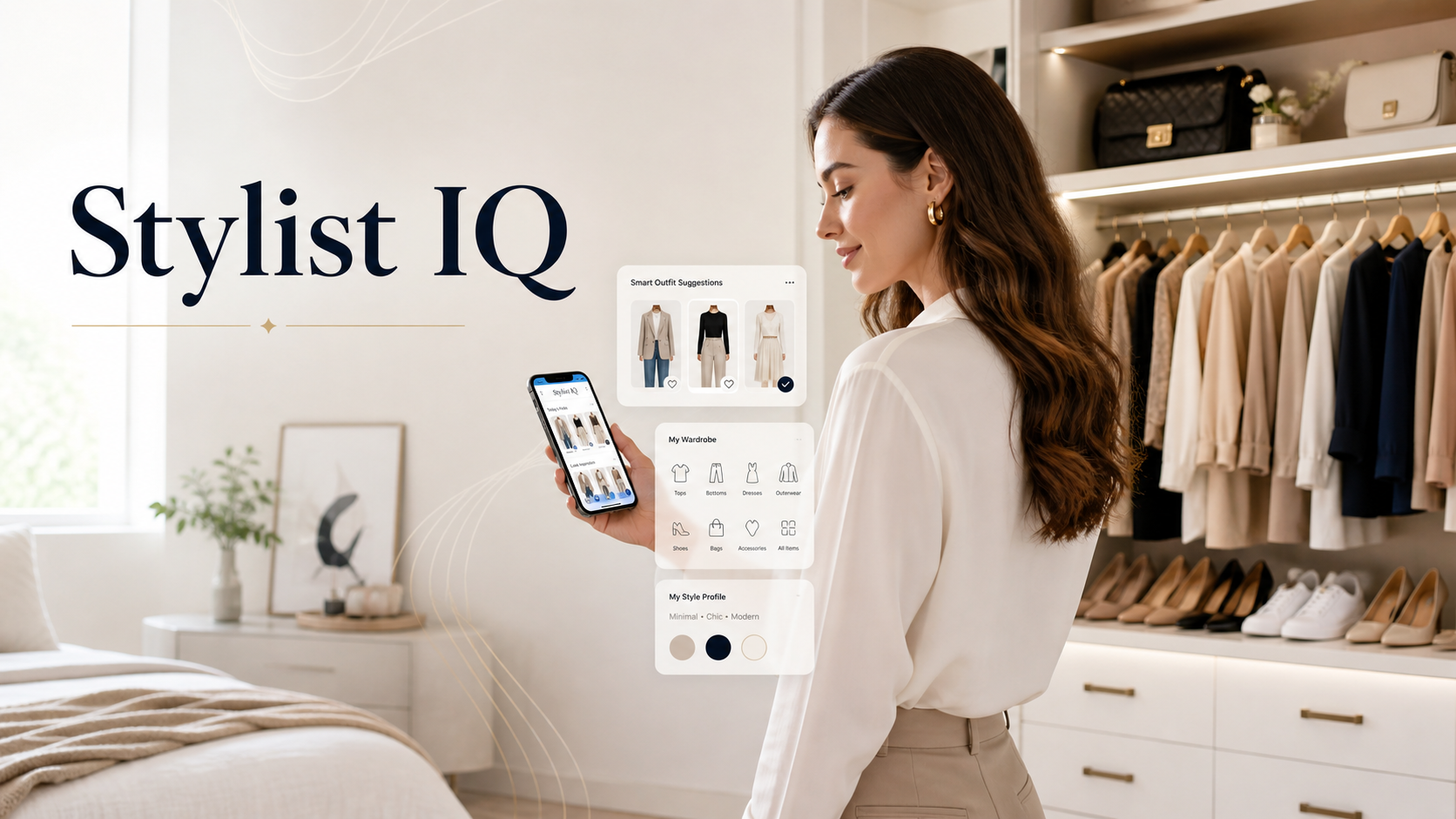 A young woman using the Stylist IQ app on her phone while standing next to a neatly organized wardrobe, showcasing smart outfit suggestions and wardrobe categories.