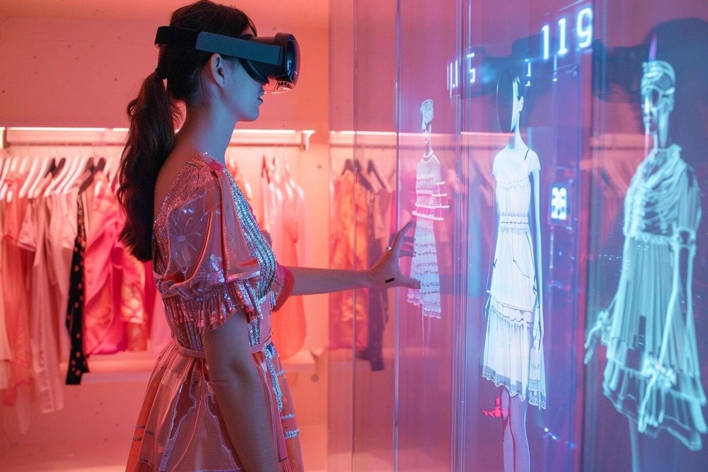 Woman wearing a VR headset interacting with virtual clothing designs and mannequins in a futuristic fashion studio, exploring digital outfit visualization and design.