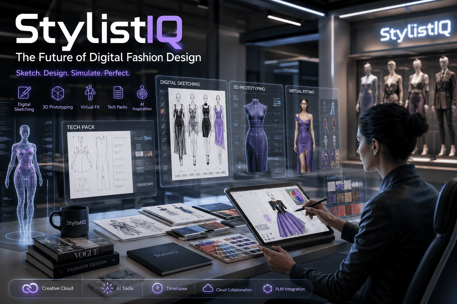 Futuristic digital fashion design studio featuring a designer using holographic clothing design tools, 3D garment prototyping, virtual fitting technology, and AI-powered fashion software with highlighted StylistIQ branding.