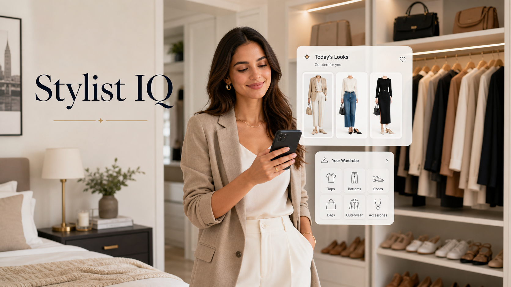 A woman using the Stylist IQ app to view curated outfit suggestions in a stylish, modern bedroom with an organized wardrobe. The phone screen displays a selection of outfit ideas and wardrobe categories.