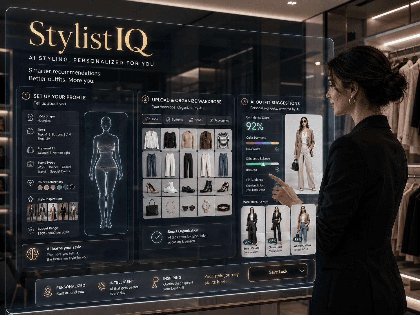 Futuristic AI styling dashboard called StylistIQ, shown as a holographic screen in a luxury closet, with a woman reviewing outfit recommendations and wardrobe options.