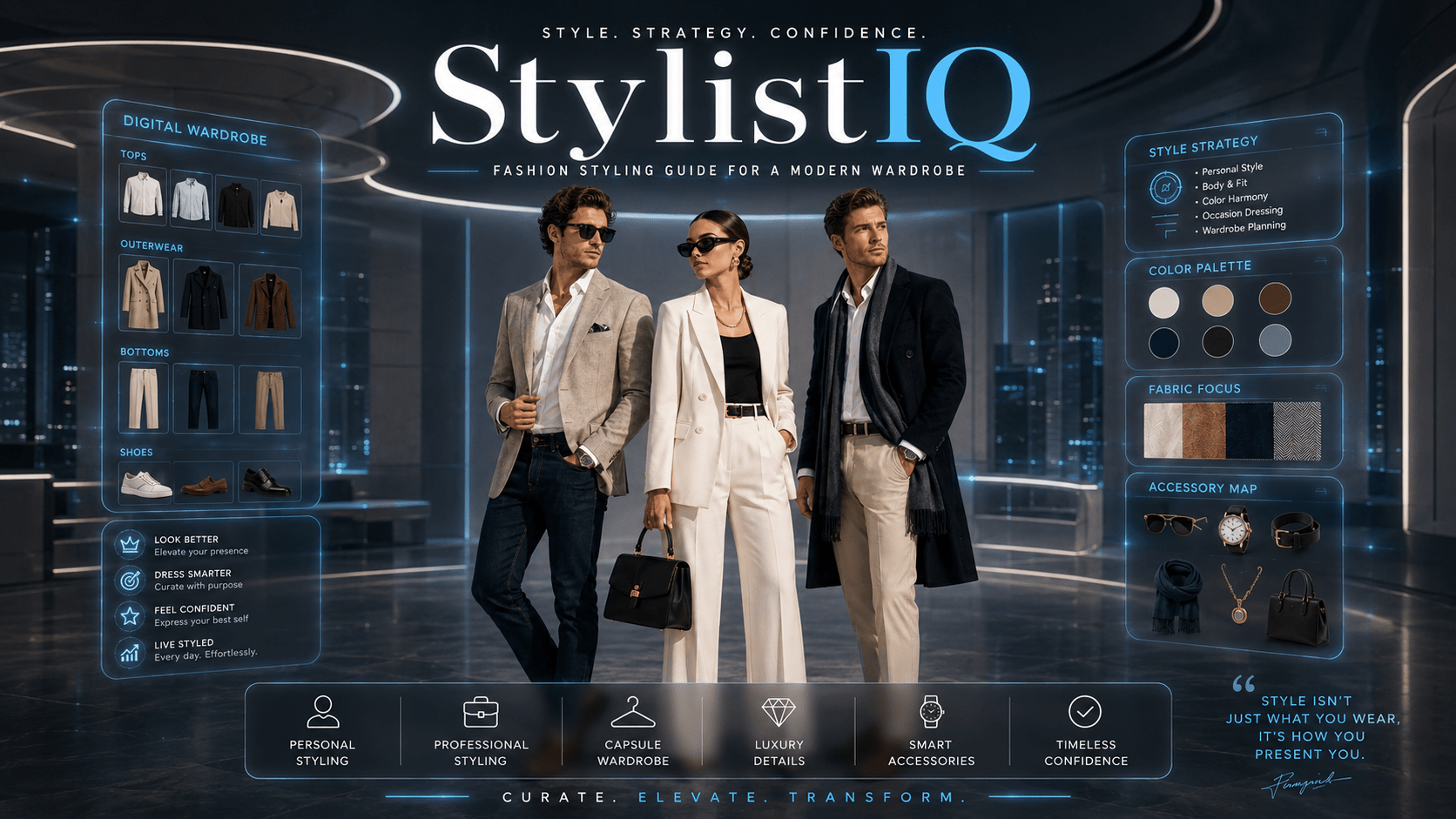 Futuristic landscape banner featuring three stylish models in modern tailored outfits, with digital wardrobe panels, color palette tools, accessory guides, and the highlighted brand name “StylistIQ” for a modern fashion styling guide.