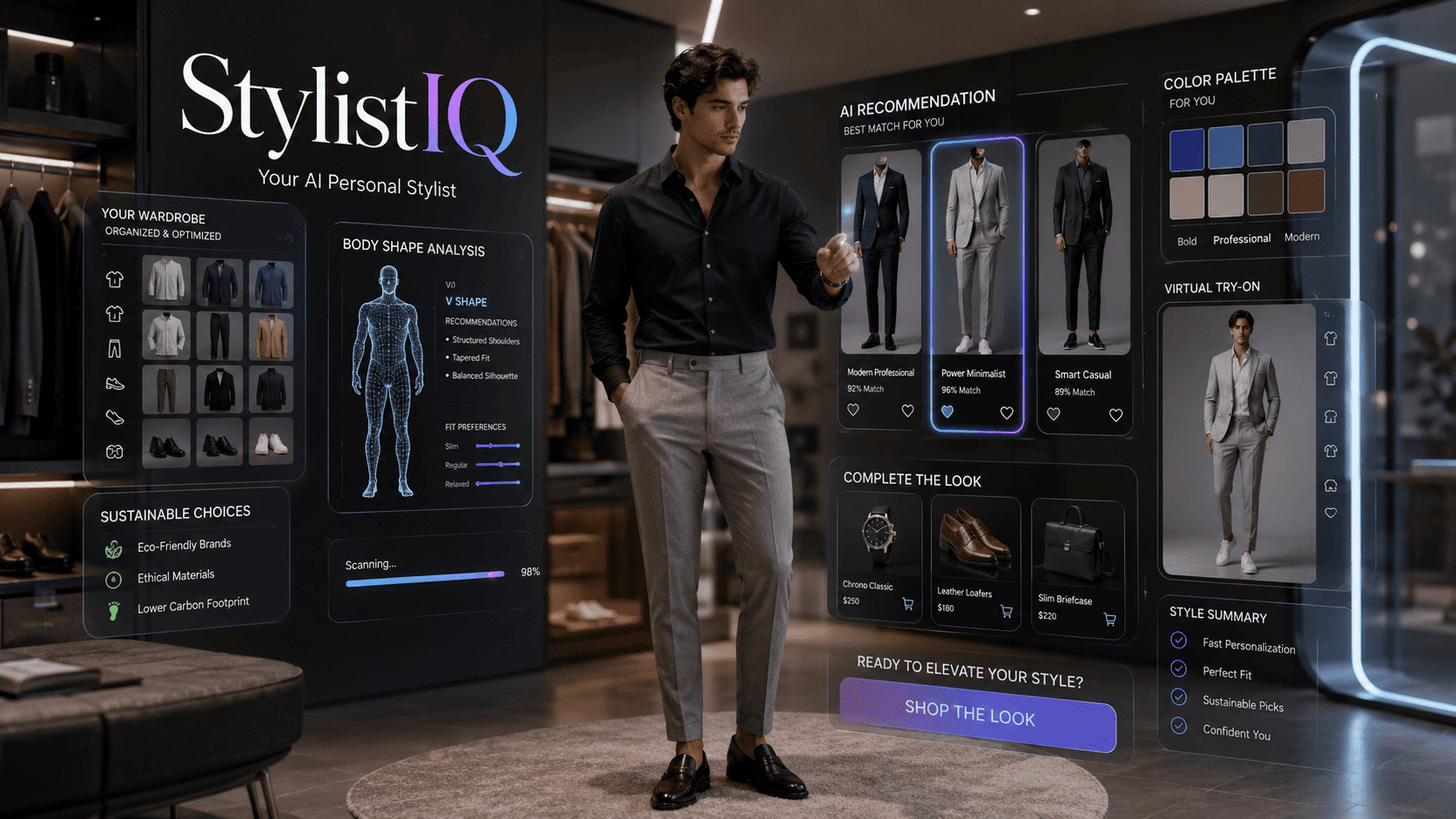 Futuristic AI fashion styling interface in a modern luxury dressing room, showing a young man using a holographic wardrobe system labeled “StylistIQ.” The display includes AI outfit recommendations, body shape analysis, color palettes, virtual try-on previews, and sustainable fashion suggestions. The user stands in a stylish outfit while interacting with floating digital panels, showcasing personalized styling, wardrobe organization, and smart shopping features in a sleek, high-tech environment.