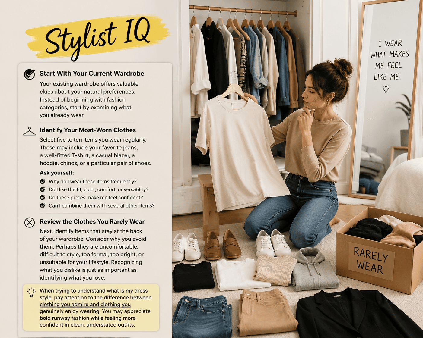 A modern lifestyle and fashion guidance infographic titled “Stylist IQ” showing wardrobe styling advice on the left and a woman organizing clothes in a closet on the right. The left panel explains how to identify personal clothing style by analyzing most-worn items, reviewing rarely worn clothes, and understanding preferences in fit, color, and comfort. The right side shows a woman holding a neutral-colored T-shirt in a minimalist wardrobe setting with neatly arranged clothing and shoes. A handwritten-style quote on the wall reads “I WEAR WHAT MAKES ME FEEL LIKE ME.” The overall aesthetic is clean, warm, and minimalist with soft neutral tones and a cozy home interior atmosphere.