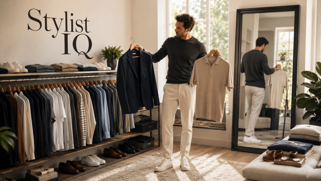 Modern stylish walk-in wardrobe scene showing a man selecting outfits from a curated clothing rack, representing personal style discovery. The space features neatly organized wardrobe essentials including blazers, shirts, knitwear, and shoes, with a full-length mirror reflecting the outfit choice process. A premium fashion aesthetic is highlighted with soft natural lighting and neutral tones, while the text “Stylist IQ” appears as a bold wall design emphasizing fashion styling guidance and capsule wardrobe inspiration.