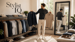 Modern stylish walk-in wardrobe scene showing a man selecting outfits from a curated clothing rack, representing personal style discovery. The space features neatly organized wardrobe essentials including blazers, shirts, knitwear, and shoes, with a full-length mirror reflecting the outfit choice process. A premium fashion aesthetic is highlighted with soft natural lighting and neutral tones, while the text “Stylist IQ” appears as a bold wall design emphasizing fashion styling guidance and capsule wardrobe inspiration.