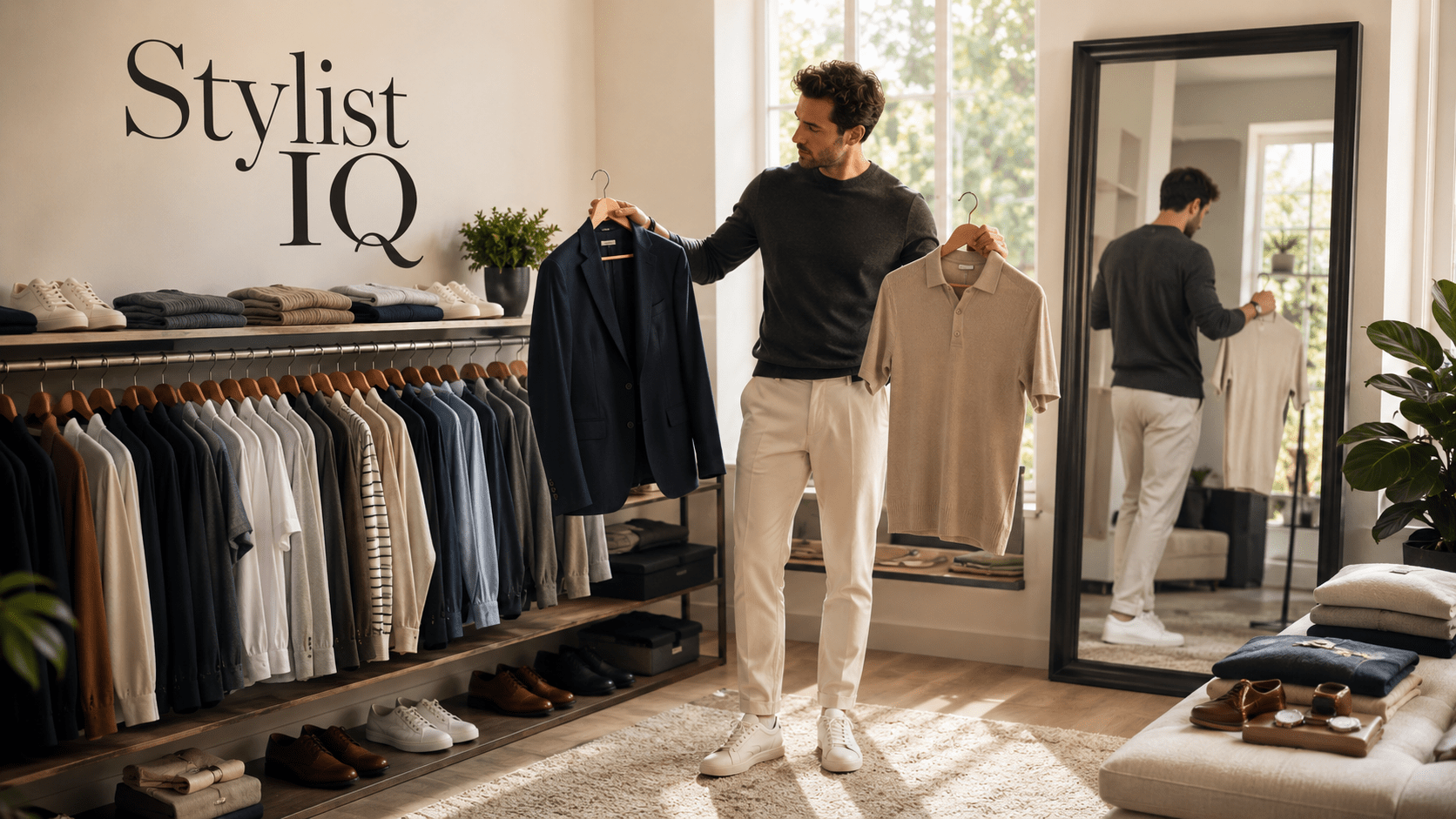Modern stylish walk-in wardrobe scene showing a man selecting outfits from a curated clothing rack, representing personal style discovery. The space features neatly organized wardrobe essentials including blazers, shirts, knitwear, and shoes, with a full-length mirror reflecting the outfit choice process. A premium fashion aesthetic is highlighted with soft natural lighting and neutral tones, while the text “Stylist IQ” appears as a bold wall design emphasizing fashion styling guidance and capsule wardrobe inspiration.