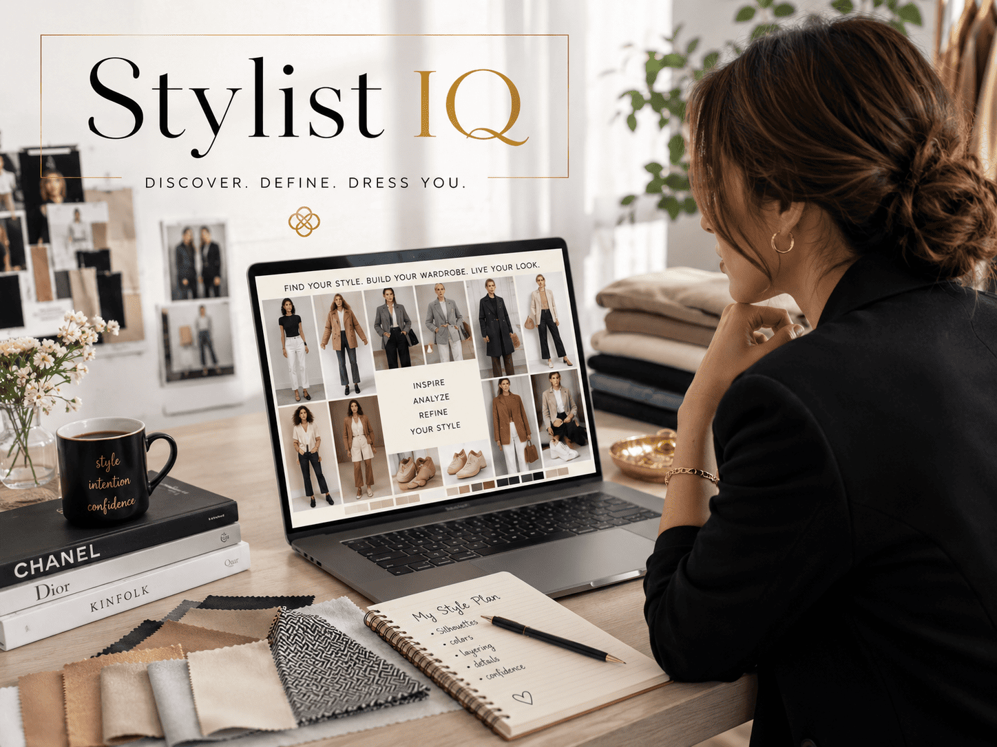 A woman reviewing a fashion moodboard on a laptop in a stylish workspace with “Stylist IQ” branding.