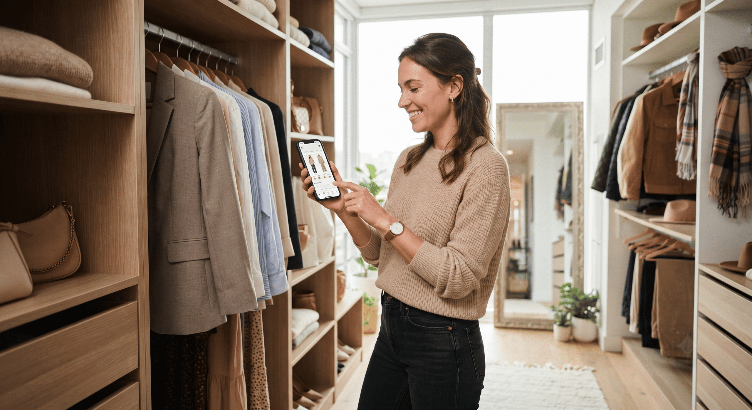 A smiling woman standing in a bright, modern walk-in closet, holding her smartphone to browse a digital wardrobe application while surrounded by organized clothing racks and shelving.