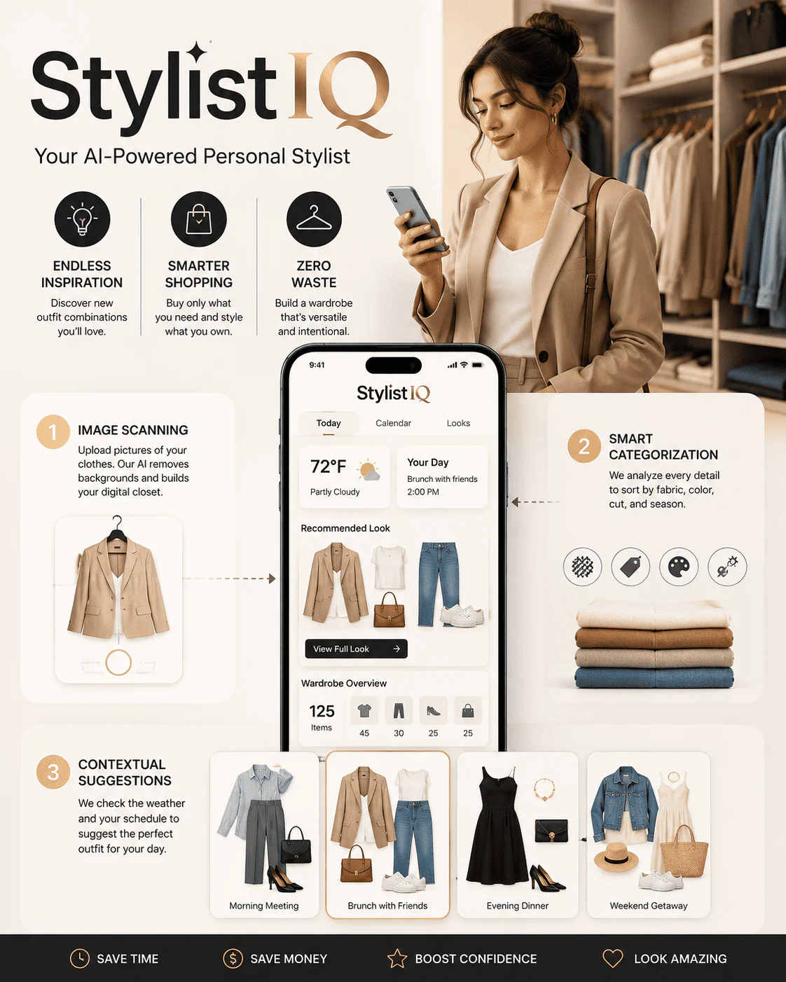 StylistIQ AI stylist infographic illustrating the benefits of an artificial intelligence stylist online with wardrobe scanning, AI outfit recommendations, smart shopping assistance, clothing organization, and personalized fashion styling for everyday wear.