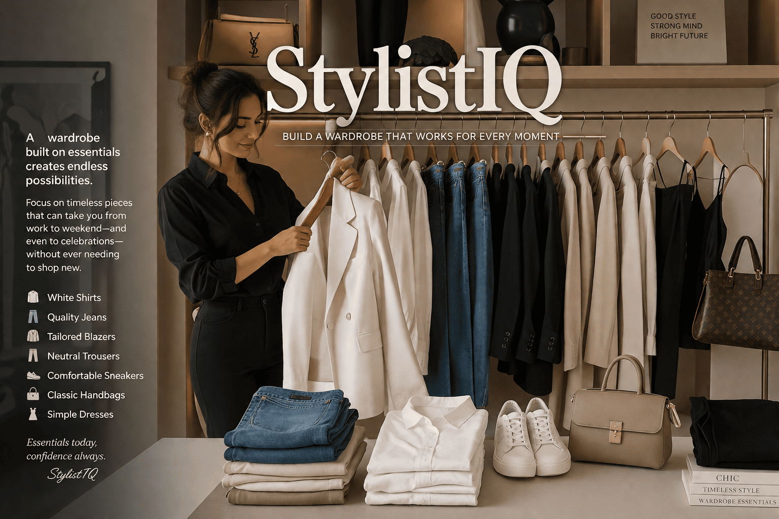 A modern woman organizing a stylish capsule wardrobe featuring white shirts, tailored blazers, quality jeans, neutral trousers, classic handbags, comfortable sneakers, and simple dresses, with the StylistIQ logo highlighting smart wardrobe planning and timeless fashion.