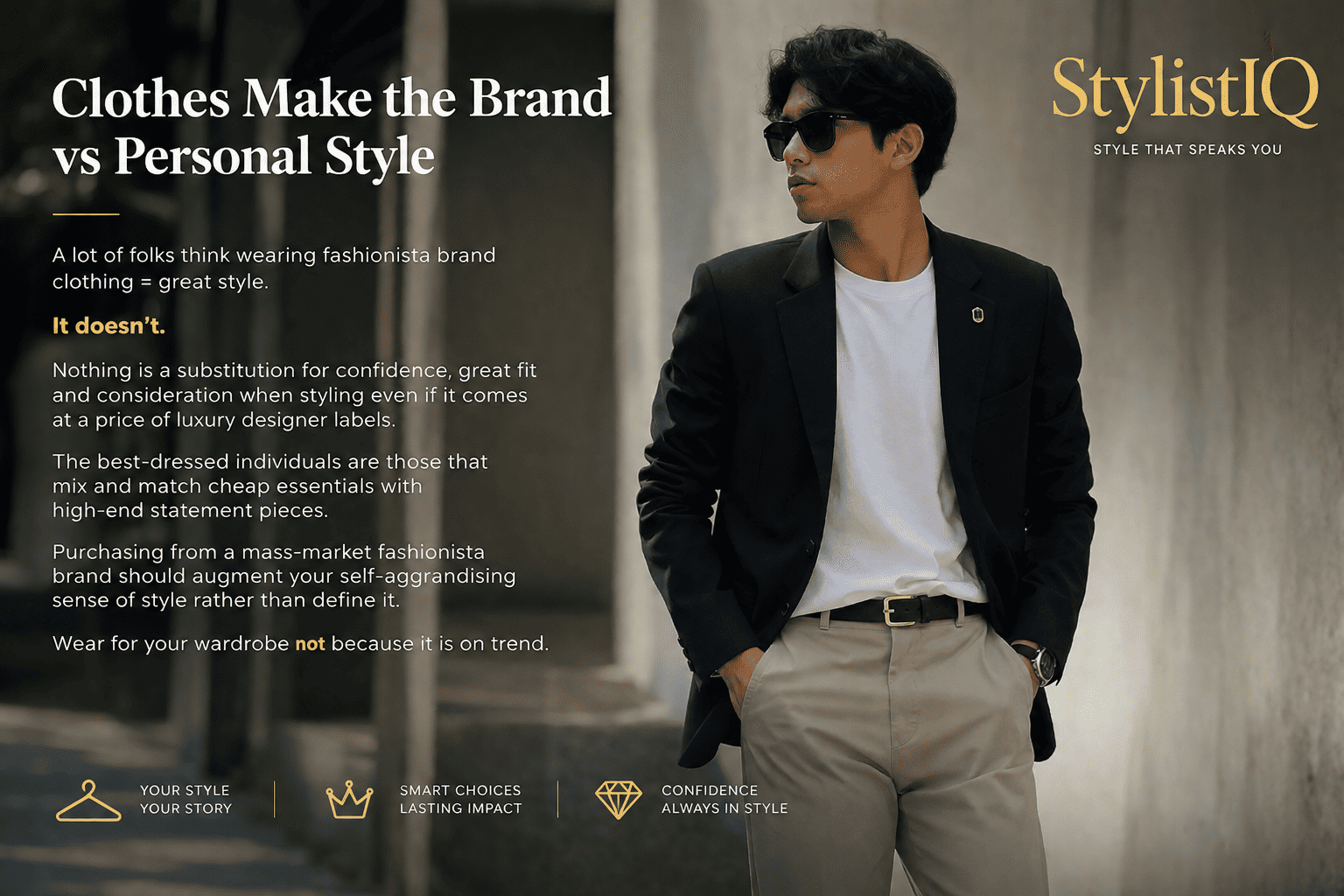 A stylish person wearing a mix of timeless basics and premium fashion pieces, illustrating that personal style comes from confidence, fit, and individuality rather than designer brands, with the StylistIQ logo highlighted.