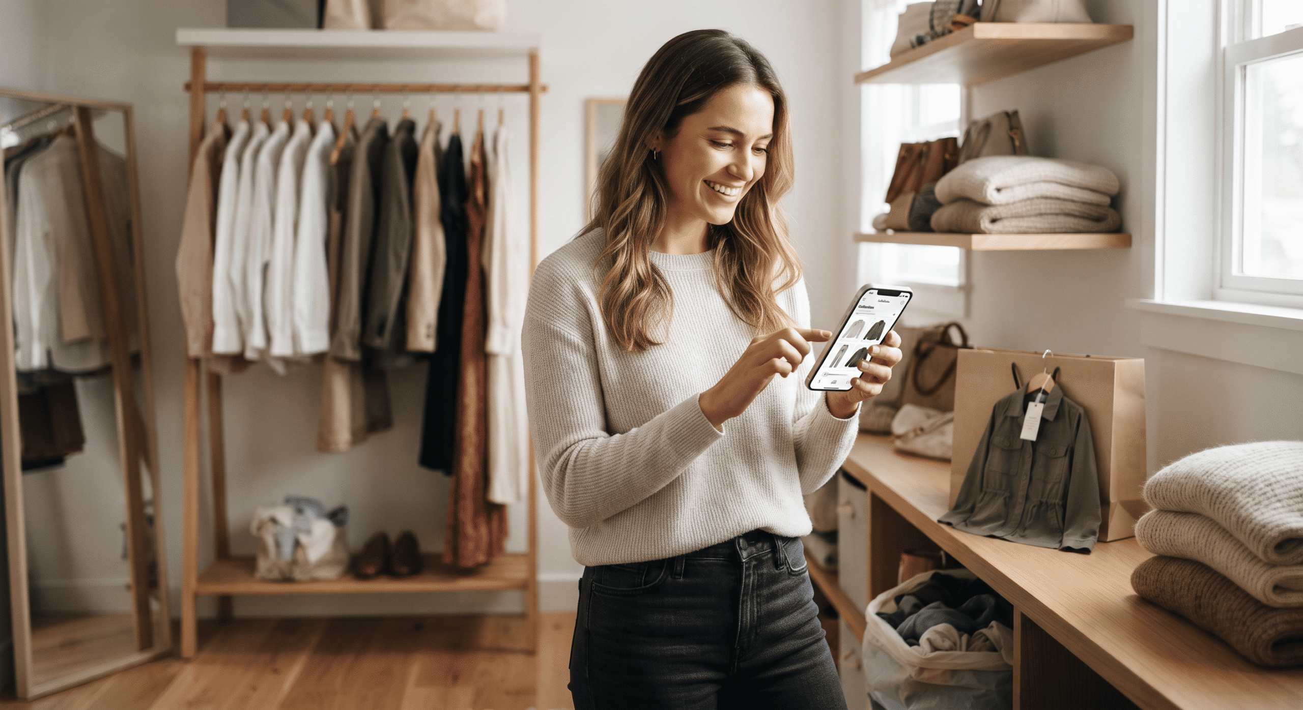 A happy woman using a smartphone app to organize and update her digital wardrobe inside a modern, organized closet.