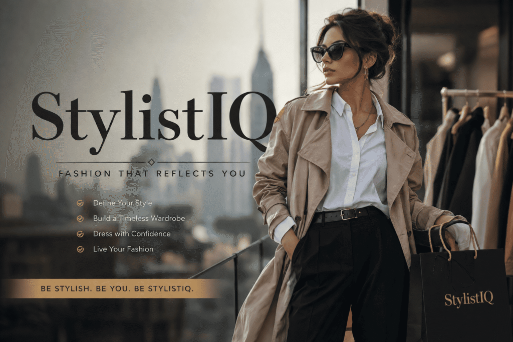 Confident woman showcasing fashionista style with a timeless outfit, illustrating how to build a stylish wardrobe and signature look with StylistIQ.