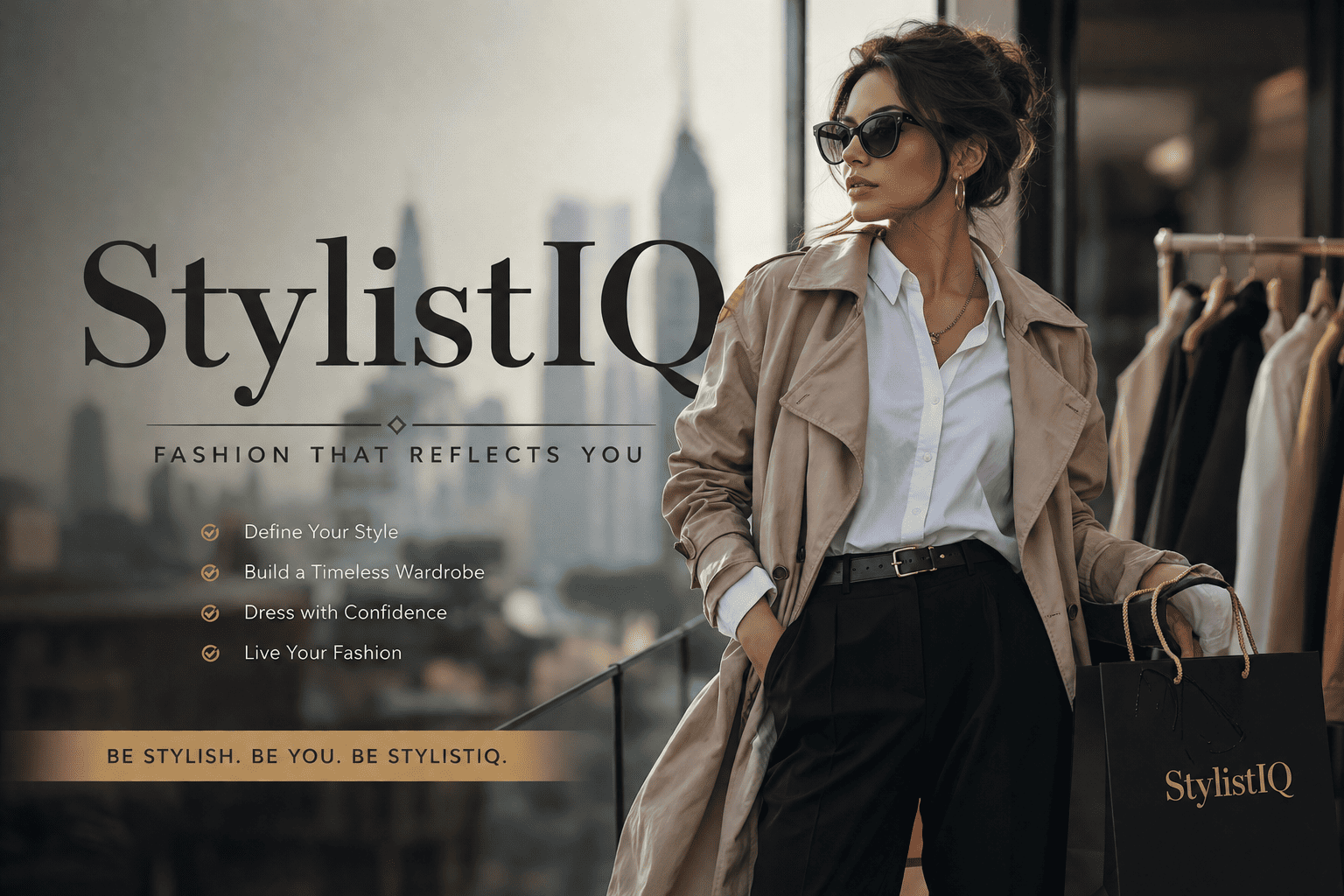 Confident woman showcasing fashionista style with a timeless outfit, illustrating how to build a stylish wardrobe and signature look with StylistIQ.