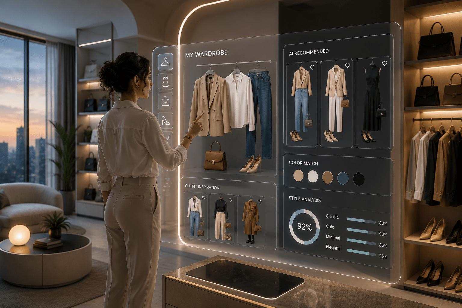 AI-powered virtual closet with holographic outfit designer helping organize clothing and create stylish outfit combinations.