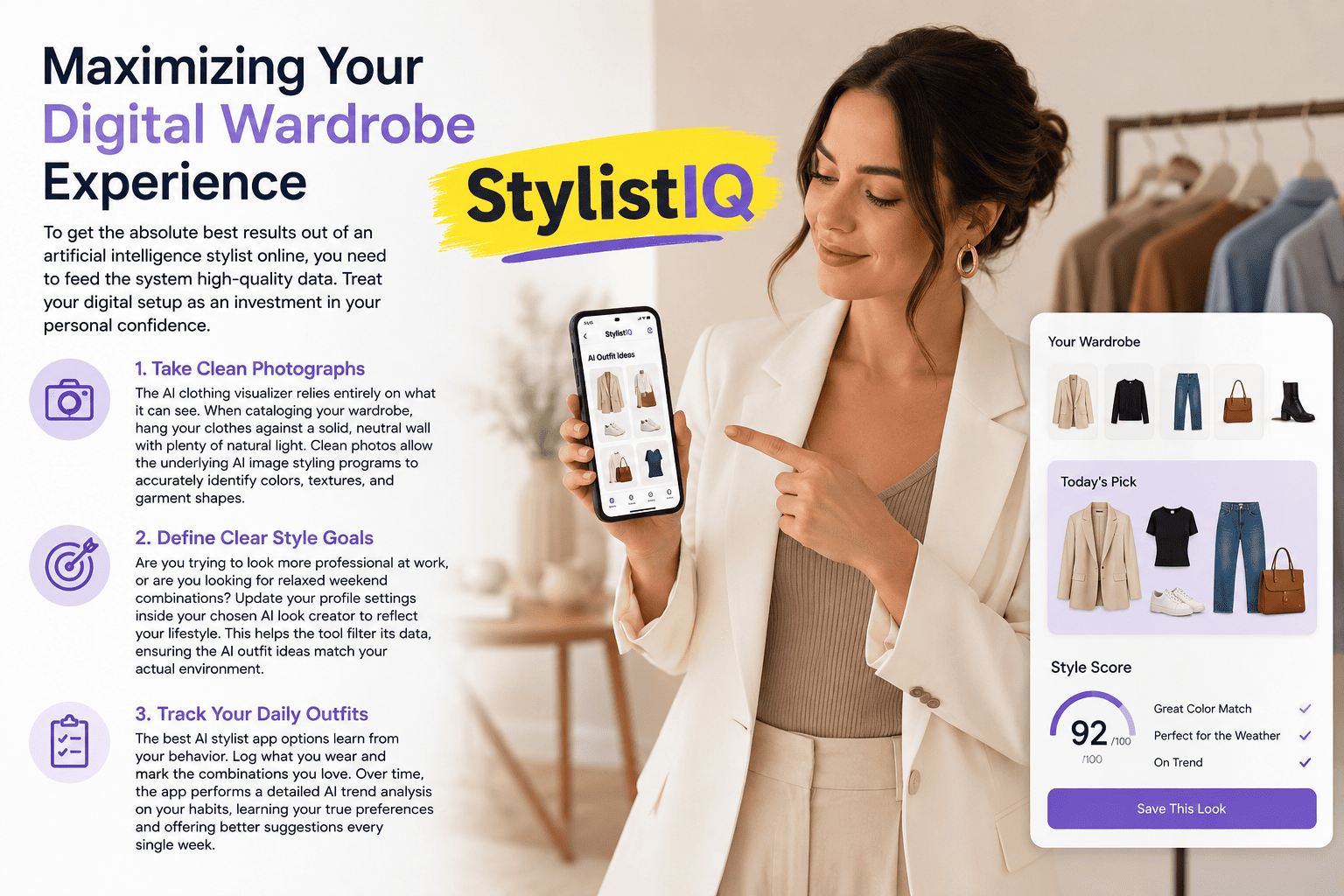 Modern infographic titled 'Maximizing Your Digital Wardrobe Experience' featuring a woman using an AI styling app, with tips for taking clean wardrobe photos, defining style goals, and tracking daily outfits. The design highlights the StylistIQ brand alongside a digital wardrobe interface displaying outfit recommendations and style scores.