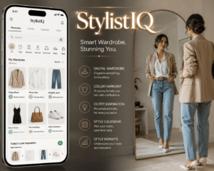 A split-screen image showing the StylistIQ smartphone app organizing clothing with AI color harmony scores on the left, and a well-dressed person standing confidently in front of a mirror on the right.