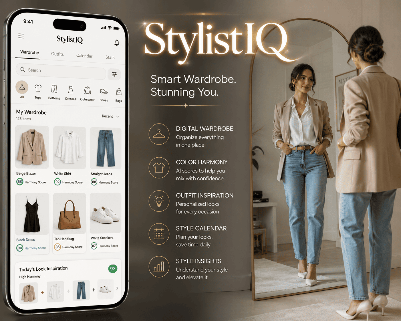 A split-screen image showing the StylistIQ smartphone app organizing clothing with AI color harmony scores on the left, and a well-dressed person standing confidently in front of a mirror on the right.