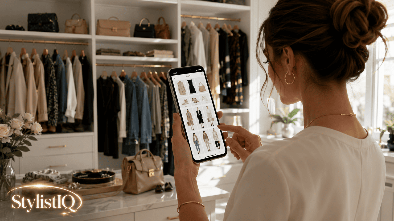Person using the StylistIQ wardrobe app on a smartphone to organize a digital closet and plan outfits in a modern walk-in wardrobe.