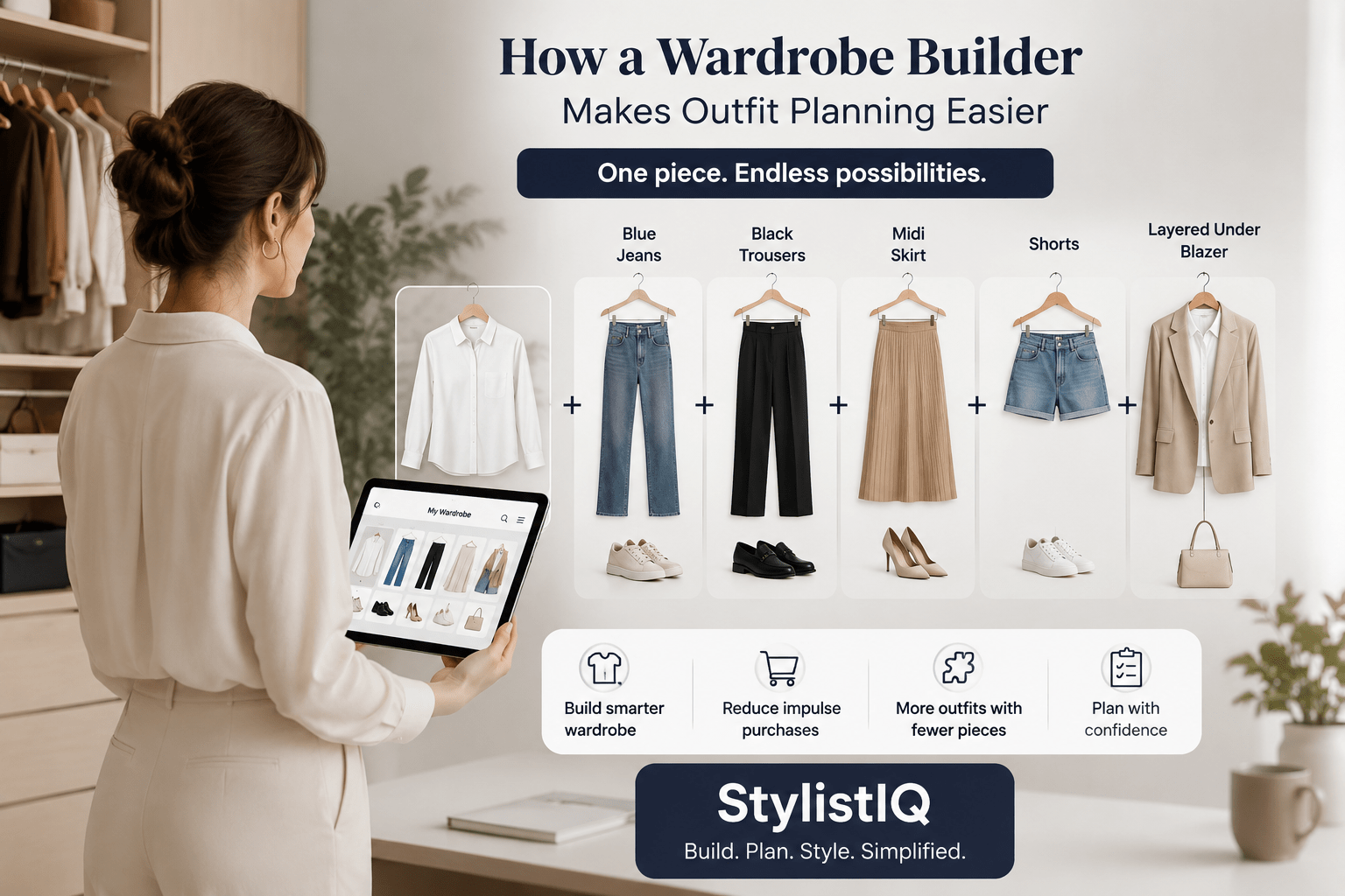 Wardrobe builder concept showing a versatile white shirt paired with jeans, black trousers, midi skirt, shorts, and a blazer using the StylistIQ wardrobe planner for smarter outfit planning.