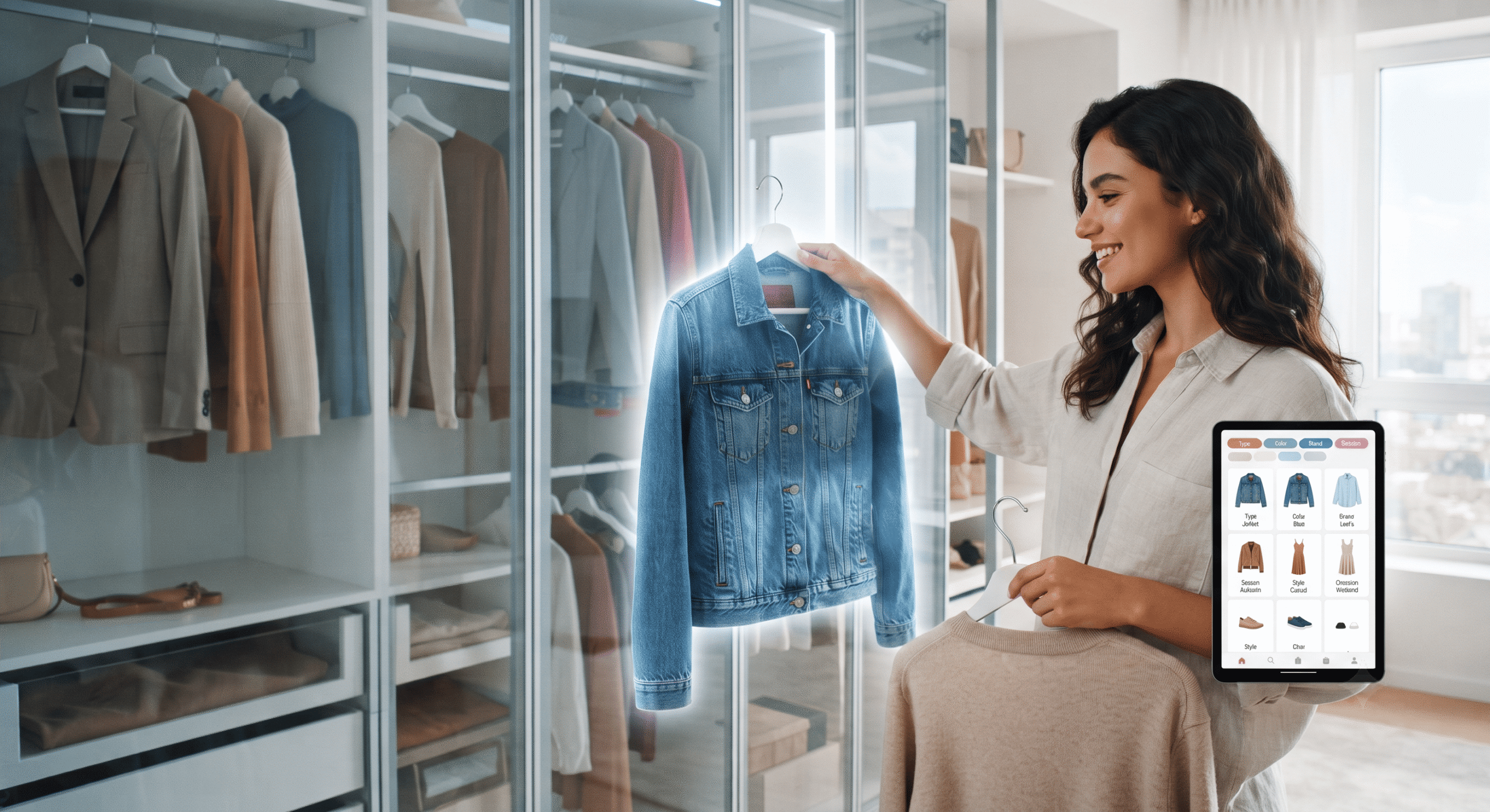A woman holding a tablet with a clothing organization app interface while choosing clothes from her well-organized closet.