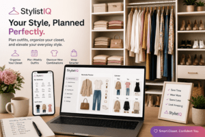 Modern wardrobe planner with StylistIQ digital closet organizer, outfit planning dashboard, organized walk-in closet, and smart wardrobe management app