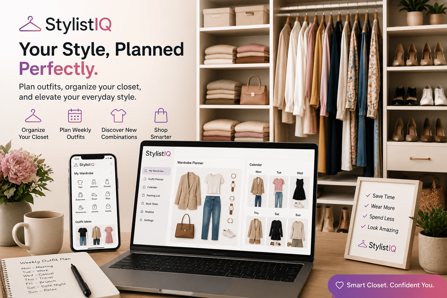 Modern wardrobe planner with StylistIQ digital closet organizer, outfit planning dashboard, organized walk-in closet, and smart wardrobe management app